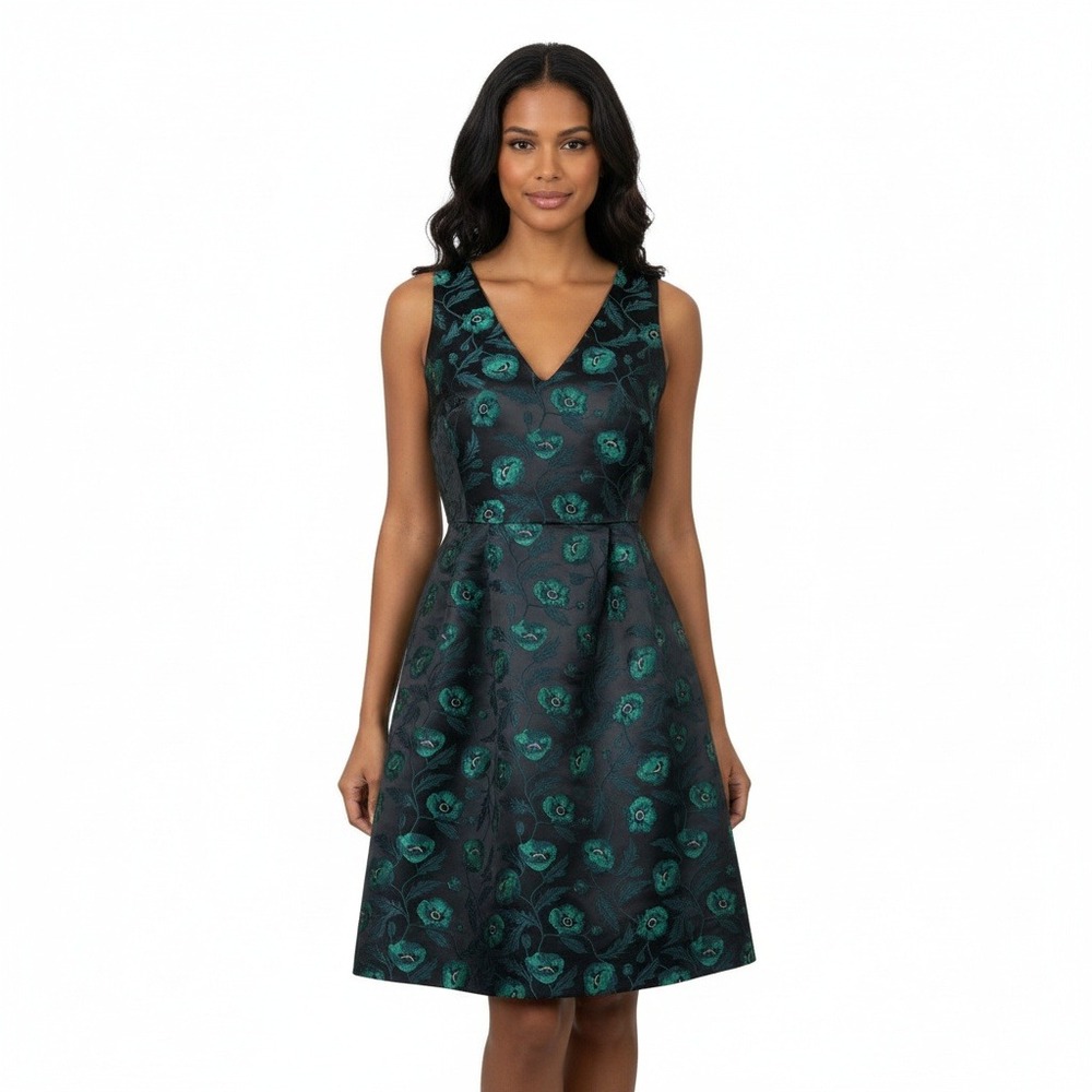 J Crew Dress Floral Jacquard Sleeveless V Neck Black‎ Green Size 2
